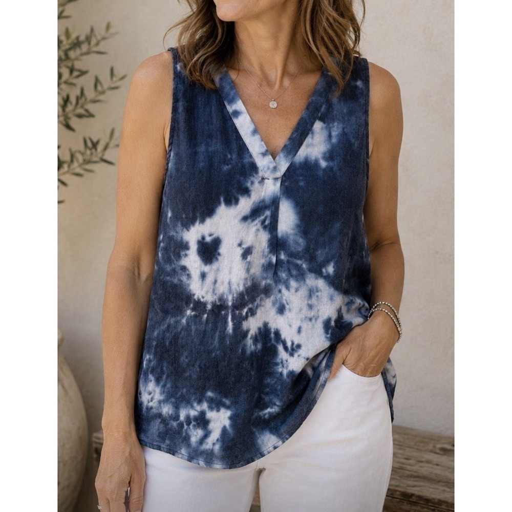 Cotton Bleu Cotton Linen Blend Blue White V Neck Sleeveless Shirt Top Size Large